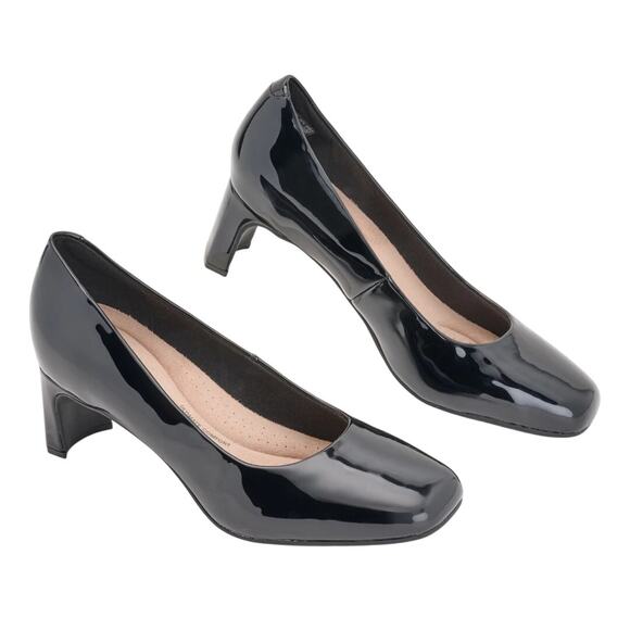 CLARK'S ULTIMATE COMFORT KYNDALL SQUARE TOE HEELS IN BLACK PATENT NWOB‎ SIZE 9 - Picture 1 of 14